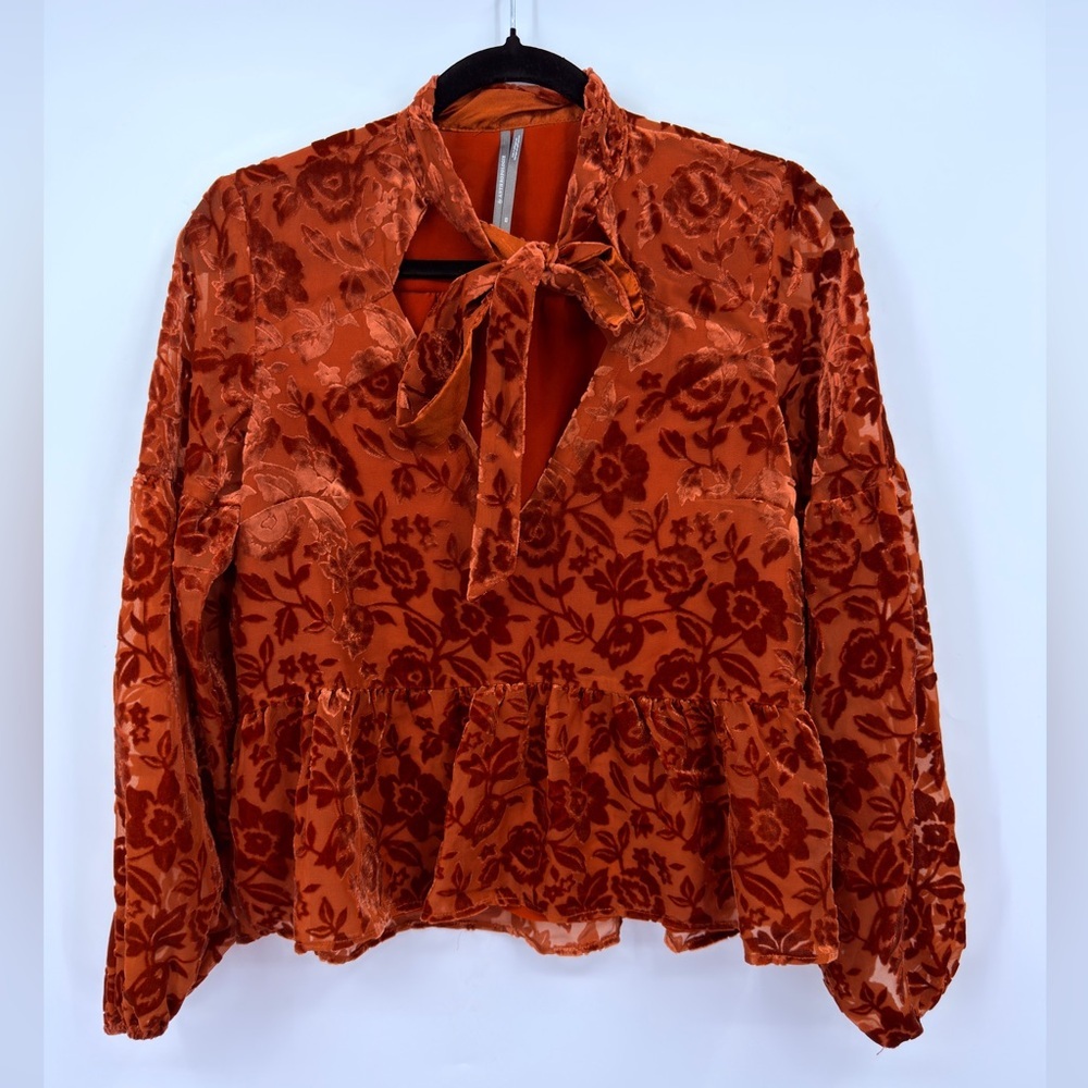 Anthropologie Burnout Velvet Floral Tie Neck Blouse Rust Orange XS